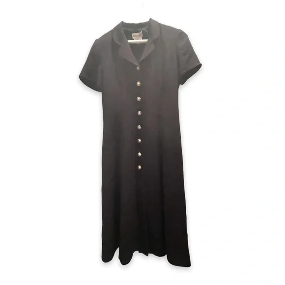 Vintage Desiree Womans Black Button Down Short Sleeve Collared V Neck Midi Dress - Picture 3 of 10